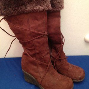 Brown Faux Fur Suede Slouch Lace Up Boots